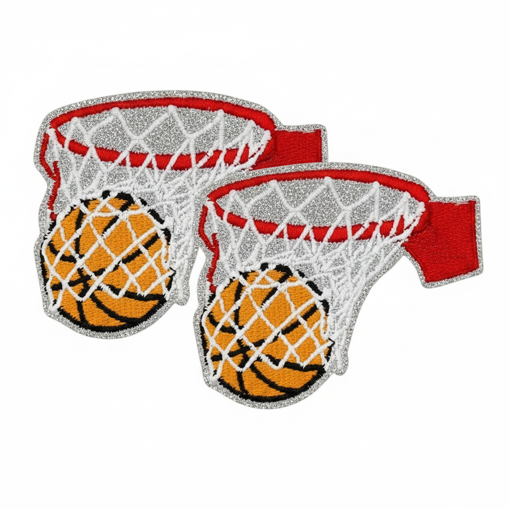 Two basketball hoop patches with orange basketballs, white netting, and red rims on a white background.