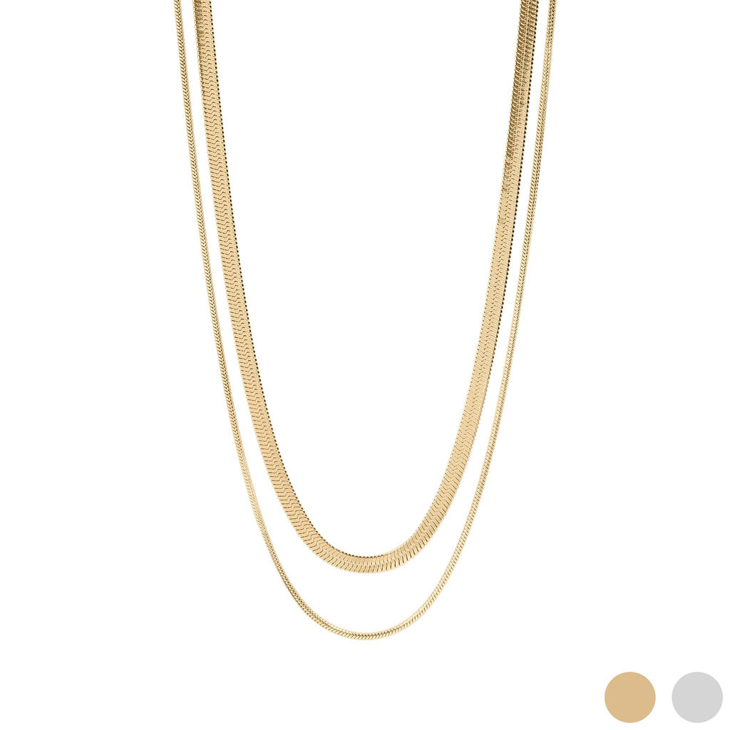 18K Gold PVD Stainless Steel Herringbone and Snake Layered Chain Necklace