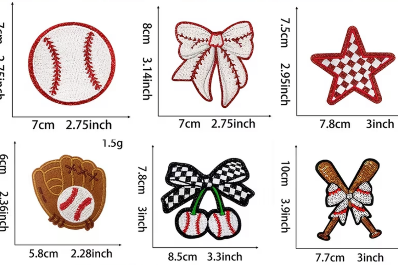 Six baseball-themed embroidered patches shown with size measurements and thread weights on a light background. The designs include a baseball, a bow, a star, a glove with a baseball, cherries with checkered bows, and crossed baseball bats.
