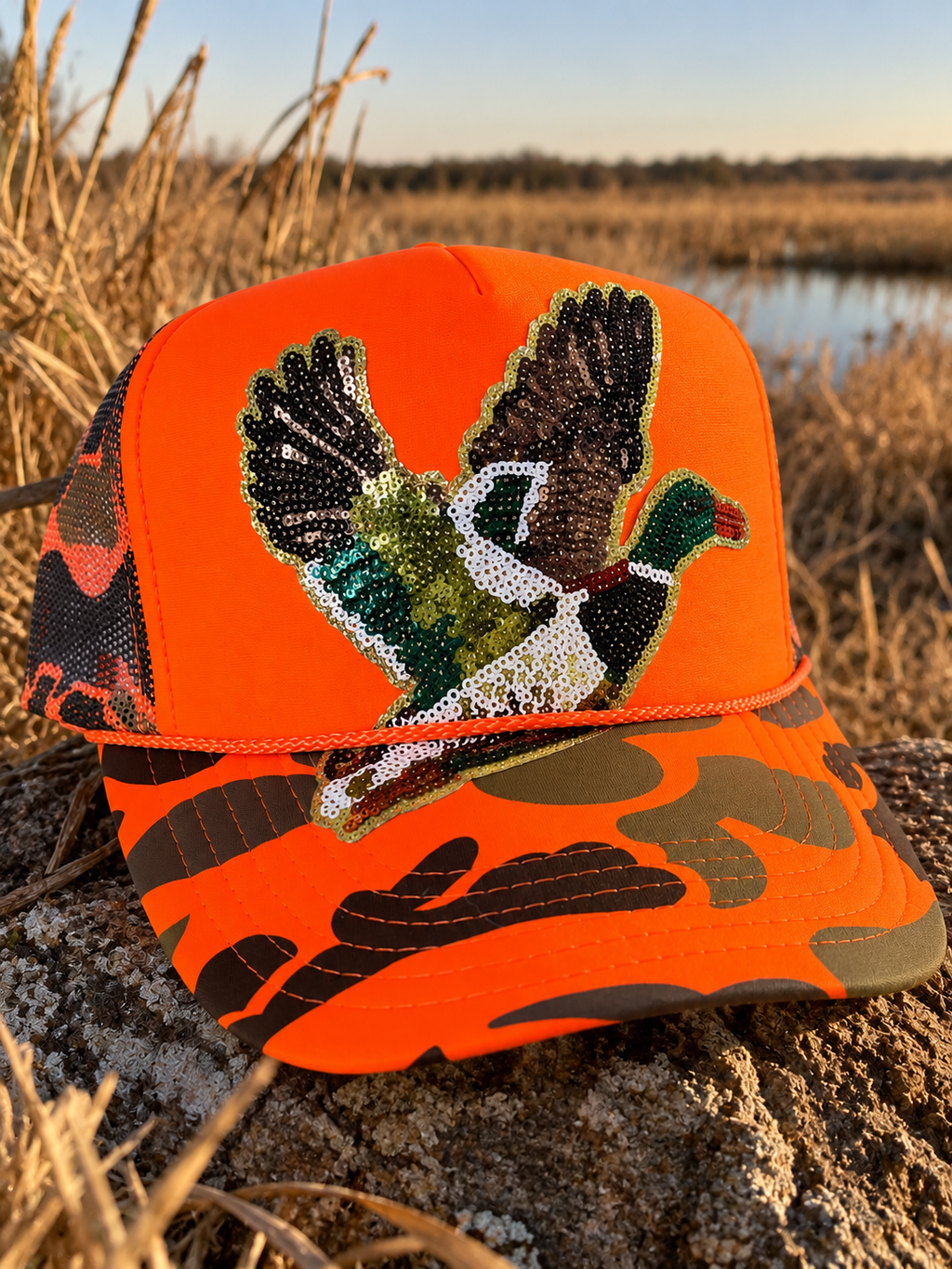 Mallard Sequin Camo Trucker Hat