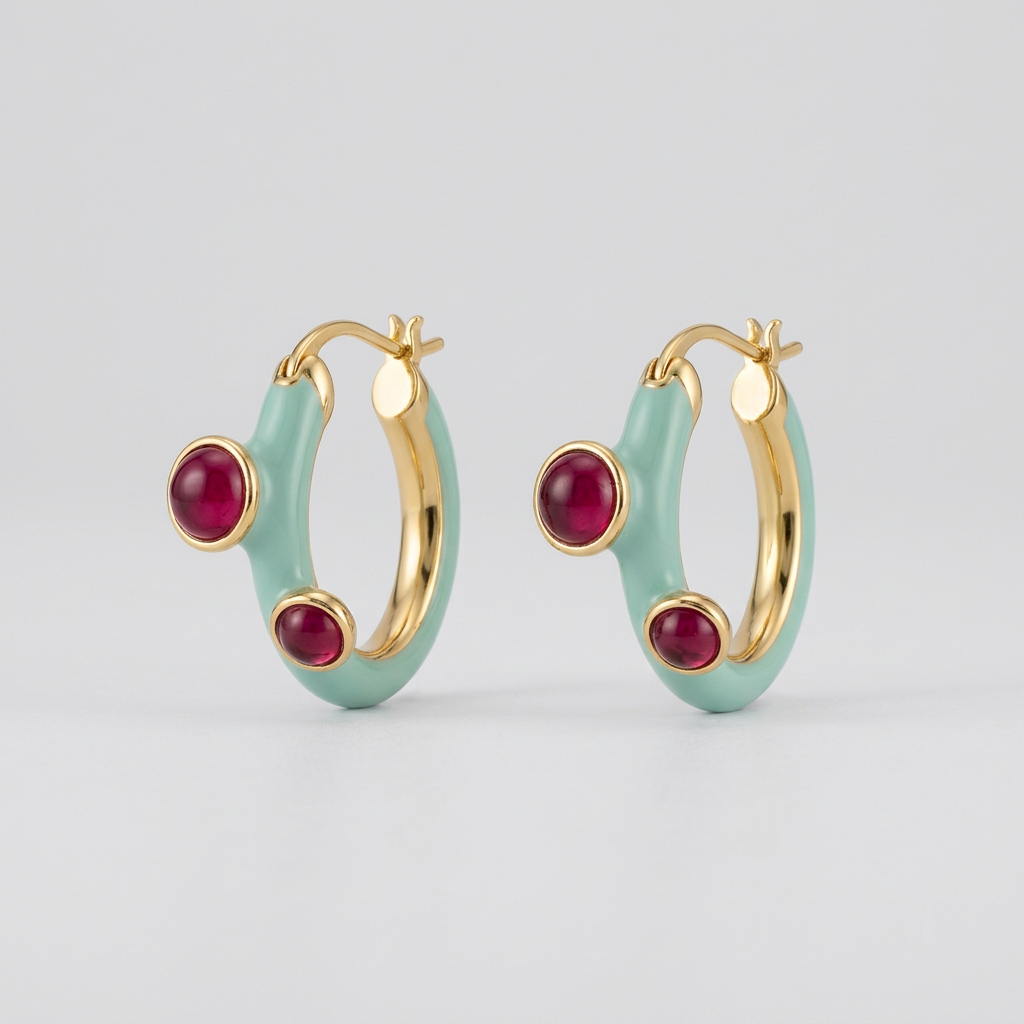 Mint & Ruby Gold Hoop Earrings