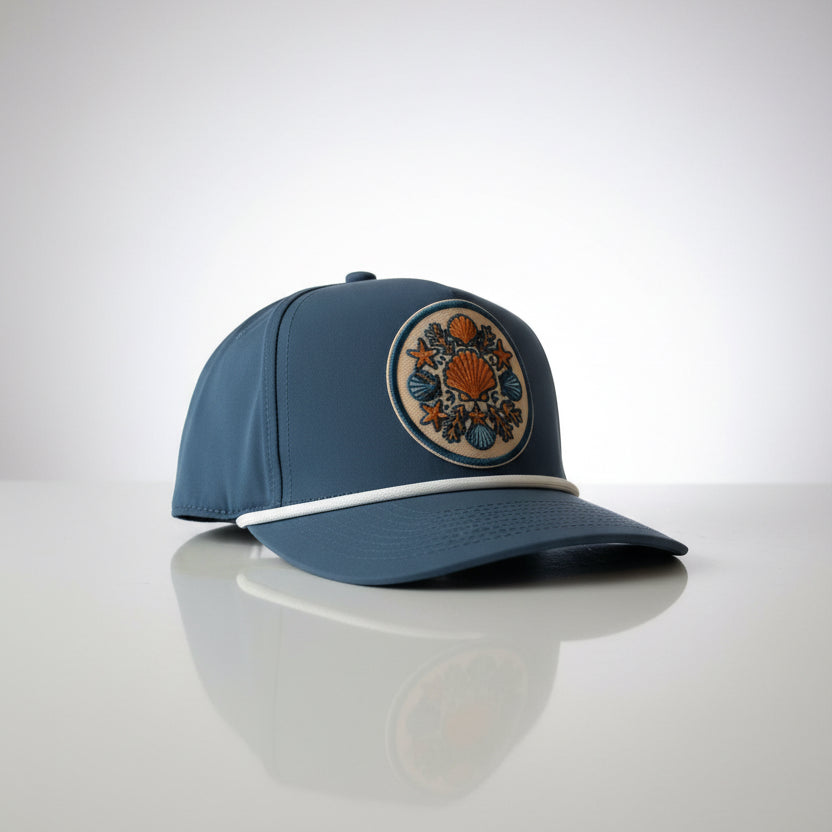 A navy blue trucker-style cap with a circular embroidered patch featuring orange and blue seashell and starfish motifs on the front, resting on a white surface.