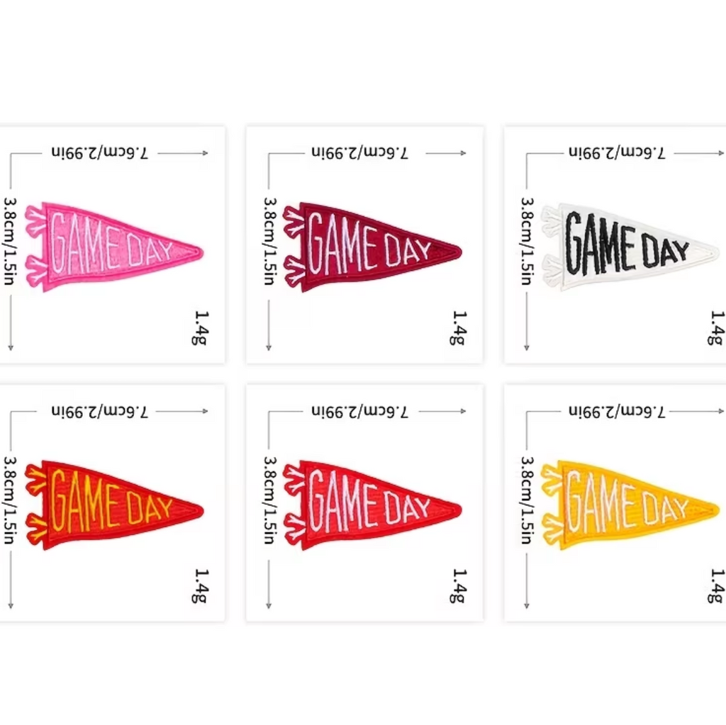 A product information graphic showing six small triangular hat-shaped items in different colors, each with dimensions labeled 3.5cm by 1.