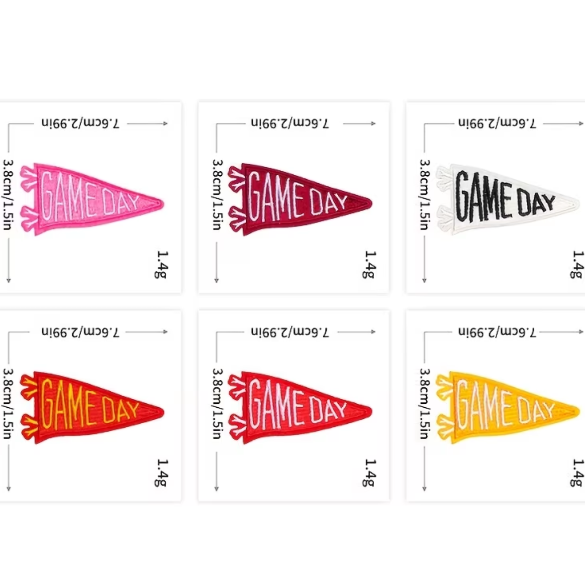 A product information graphic showing six small triangular hat-shaped items in different colors, each with dimensions labeled 3.5cm by 1.