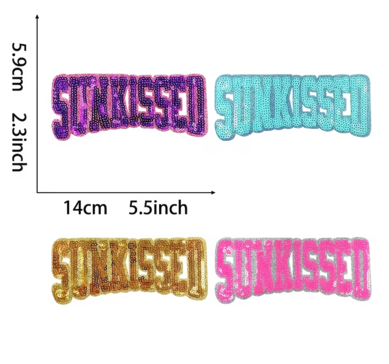 A product listing image showing three embroidered patches with the word 'STINKISSED' in purple, light blue, and gold glittery fonts, with dimension lines indicating 14cm by 5.5cm.