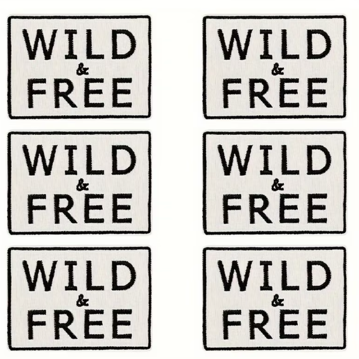 Six square 'WILD & FREE' patches arranged in a 2x3 grid on a white sheet, shown against a dark phone-screen background.