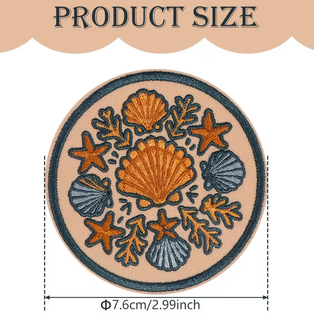 A product size diagram showing a round embroidered patch with an ocean-themed design featuring a large orange seashell, smaller orange and blue shells, and orange starfish on a beige background. The text 'PRODUCT SIZE' is displayed above, with dimensions labeled below the patch.