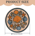 A product size diagram showing a round embroidered patch with an ocean-themed design featuring a large orange seashell, smaller orange and blue shells, and orange starfish on a beige background. The text 'PRODUCT SIZE' is displayed above, with dimensions labeled below the patch.