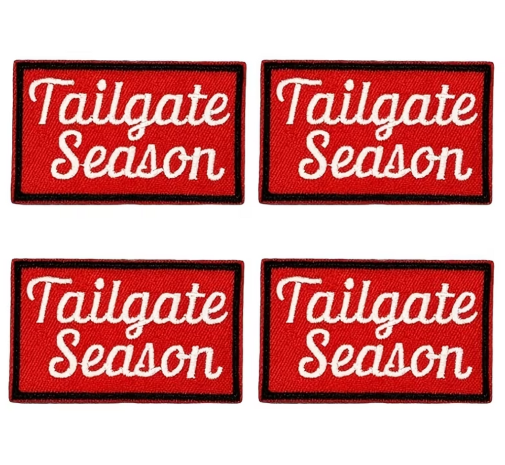 Four rectangular red embroidered patches with white script text reading 'Tailgate Season' arranged in a 2x2 grid on a white background.
