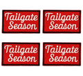 Four rectangular red embroidered patches with white script text reading 'Tailgate Season' arranged in a 2x2 grid on a white background.