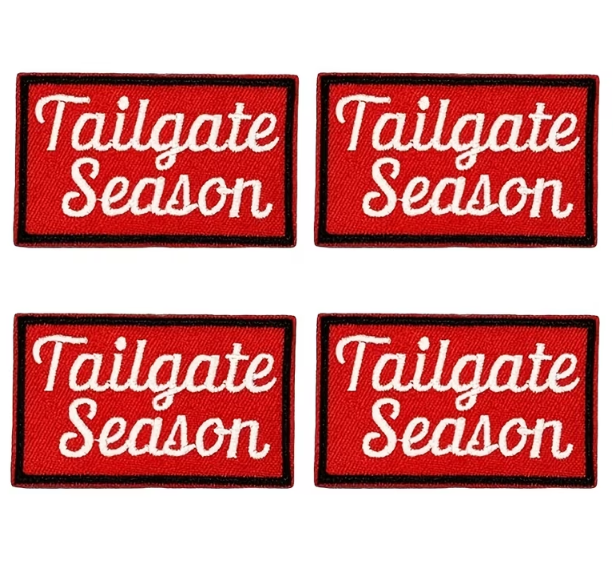 Four rectangular red embroidered patches with white script text reading 'Tailgate Season' arranged in a 2x2 grid on a white background.