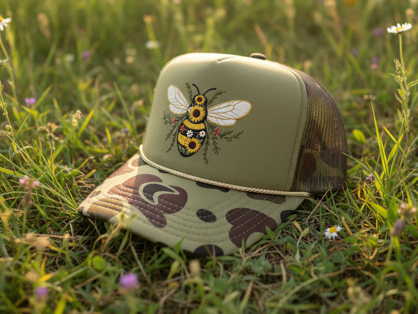 An olive green camouflage trucker hat with a detailed embroidered bee on the front panel, resting on a gray textured surface.