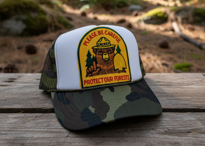 A camouflage and white trucker hat with a front patch that reads 'PLEASE BE CAREFUL PROTECT OUR FOREST' and shows a bear wearing a ranger hat, photographed on a gray textured surface.