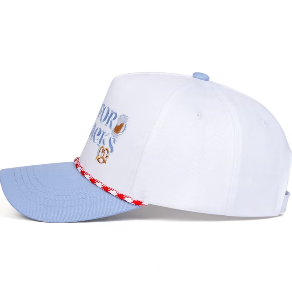 A white and light blue baseball cap with embroidered lettering on the front, shown against a plain white background. The image appears to be a screenshot from a mobile shopping interface, with dark bars and app UI elements visible around the product photo.