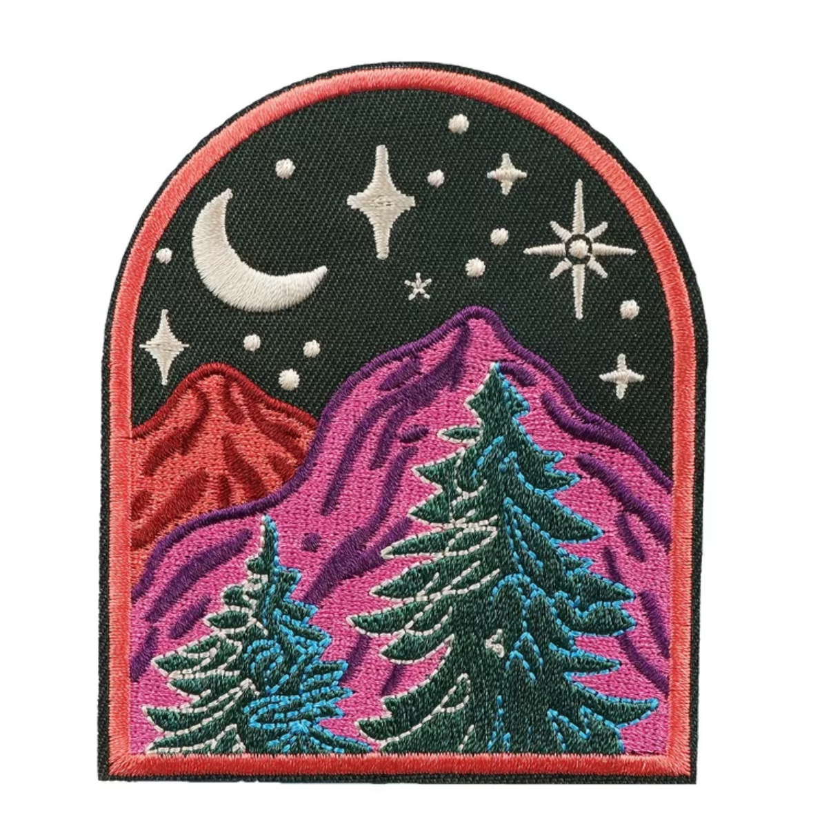 An arched embroidered patch featuring a mountain landscape with pine trees under a night sky with a crescent moon and stars. The mountains are split between red on the left and purple on the right, with teal trees and a black starry sky.