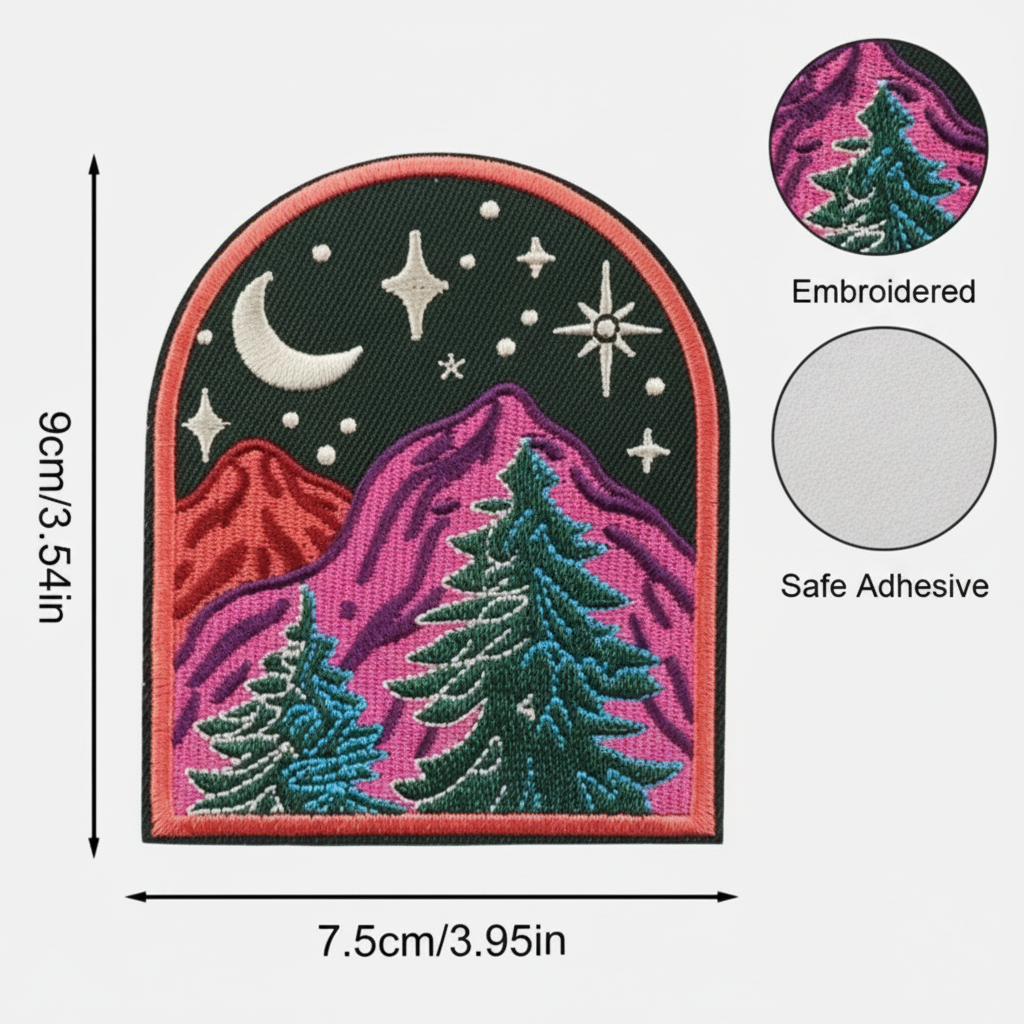 An embroidered patch showing a mountain and pine tree night scene, displayed on a white background with size measurements (7.5cm x 9cm), circular inset previews of embroidered and flat adhesive finishes, and a black phone-screen background.
