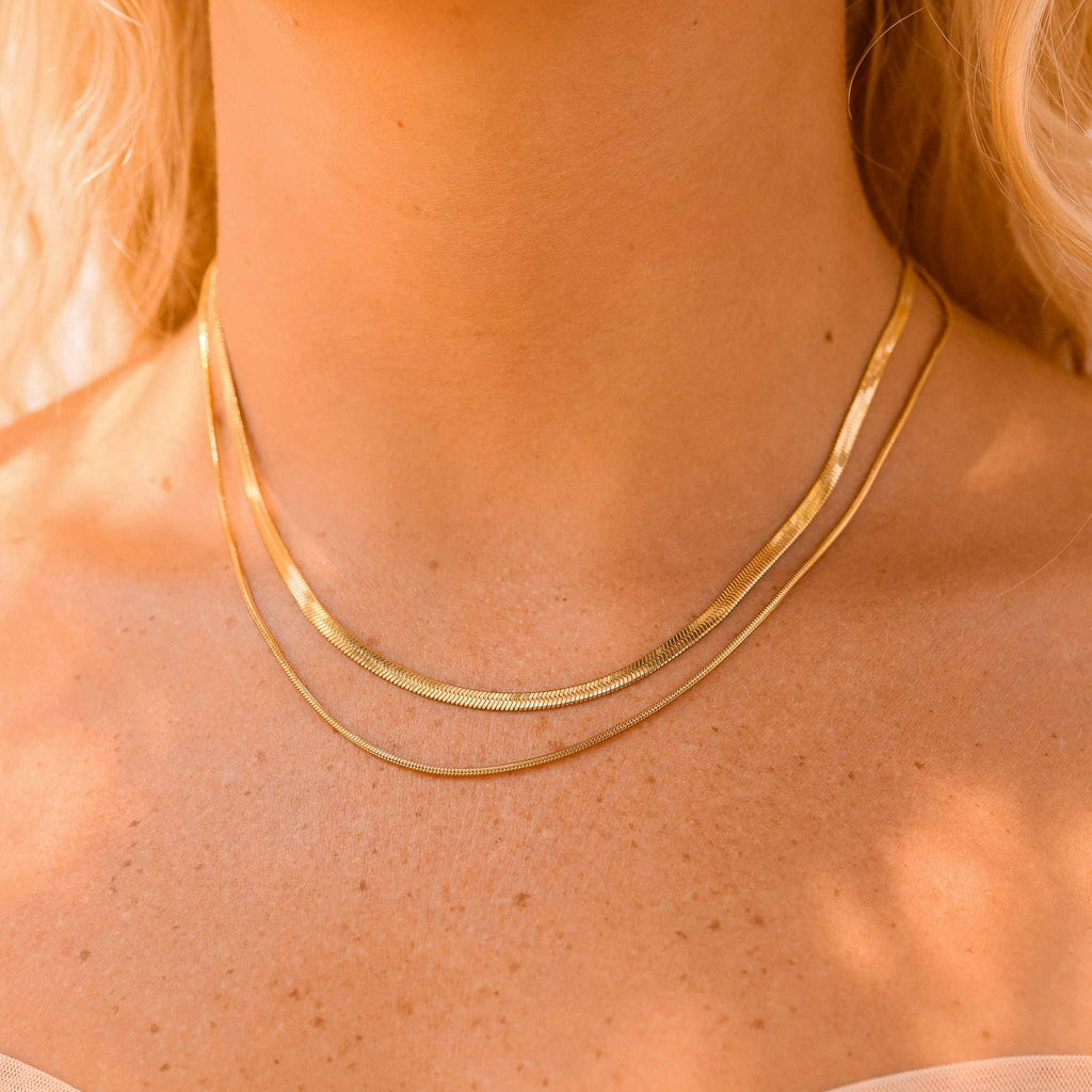 18K Gold PVD Stainless Steel Herringbone and Snake Layered Chain Necklace
